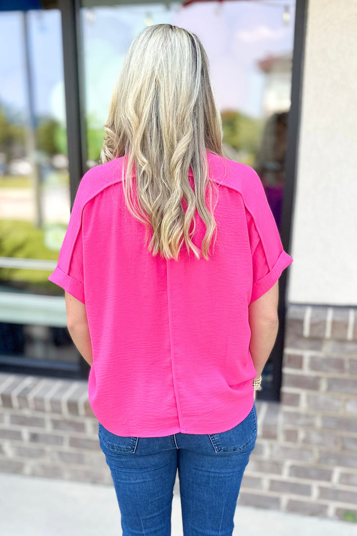 FUCHSIA FRILL VNECK TOP