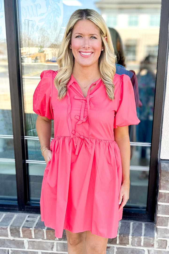 CORAL BOW FRONT BABYDOLL DRESS