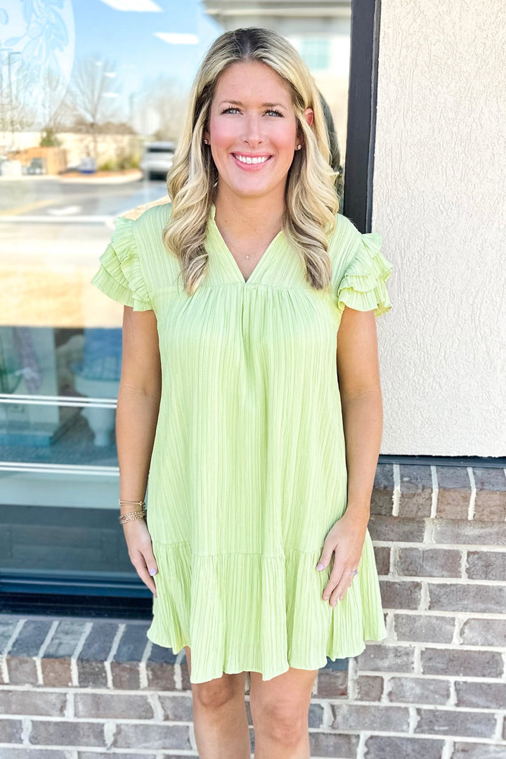 LIME STRIPE TEXTURED RUFFLED VNECK DRESS