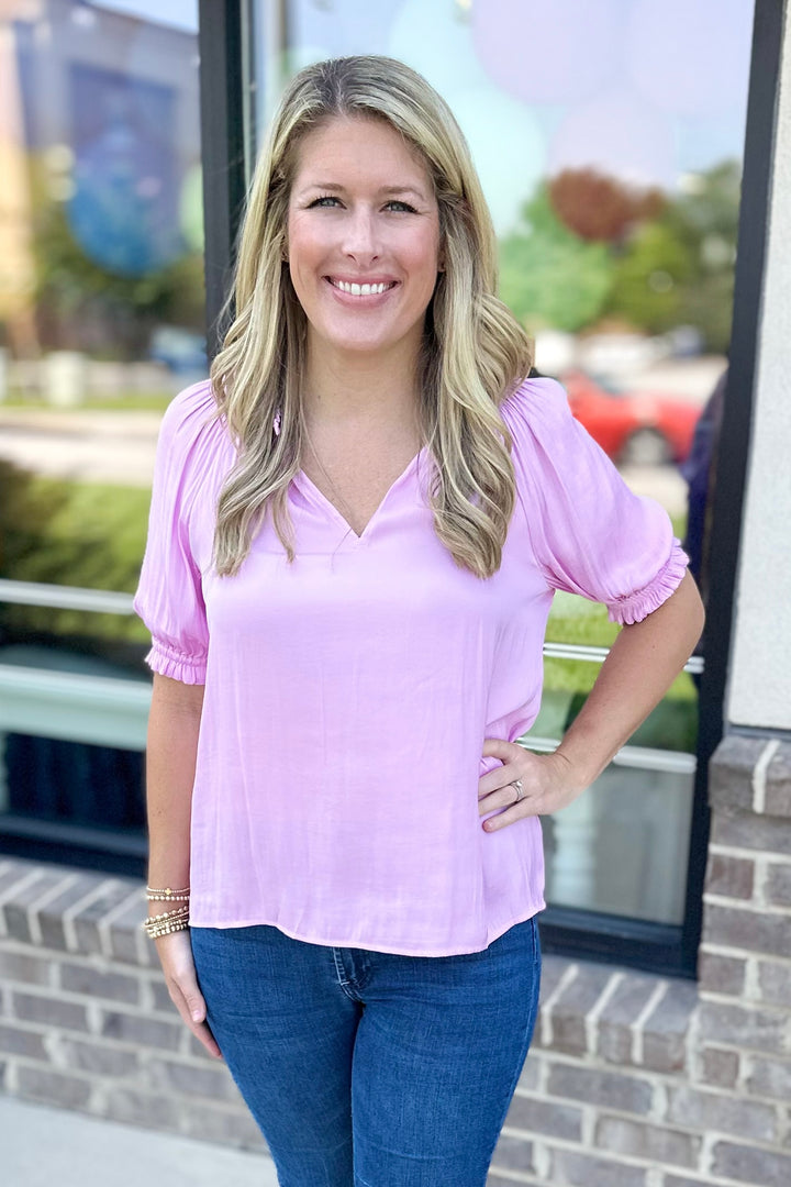 PASTEL PINK SATIN RUFFLE TRIM DETAIL TOP