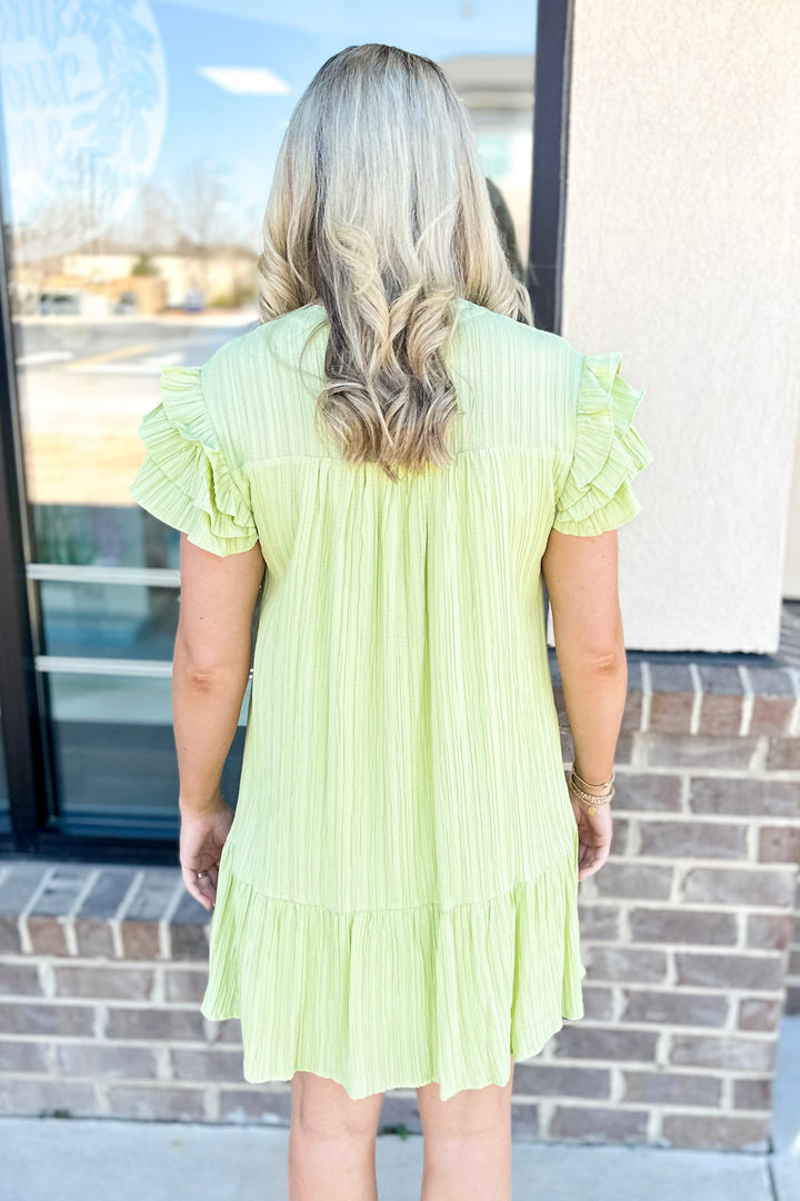 LIME STRIPE TEXTURED RUFFLED VNECK DRESS