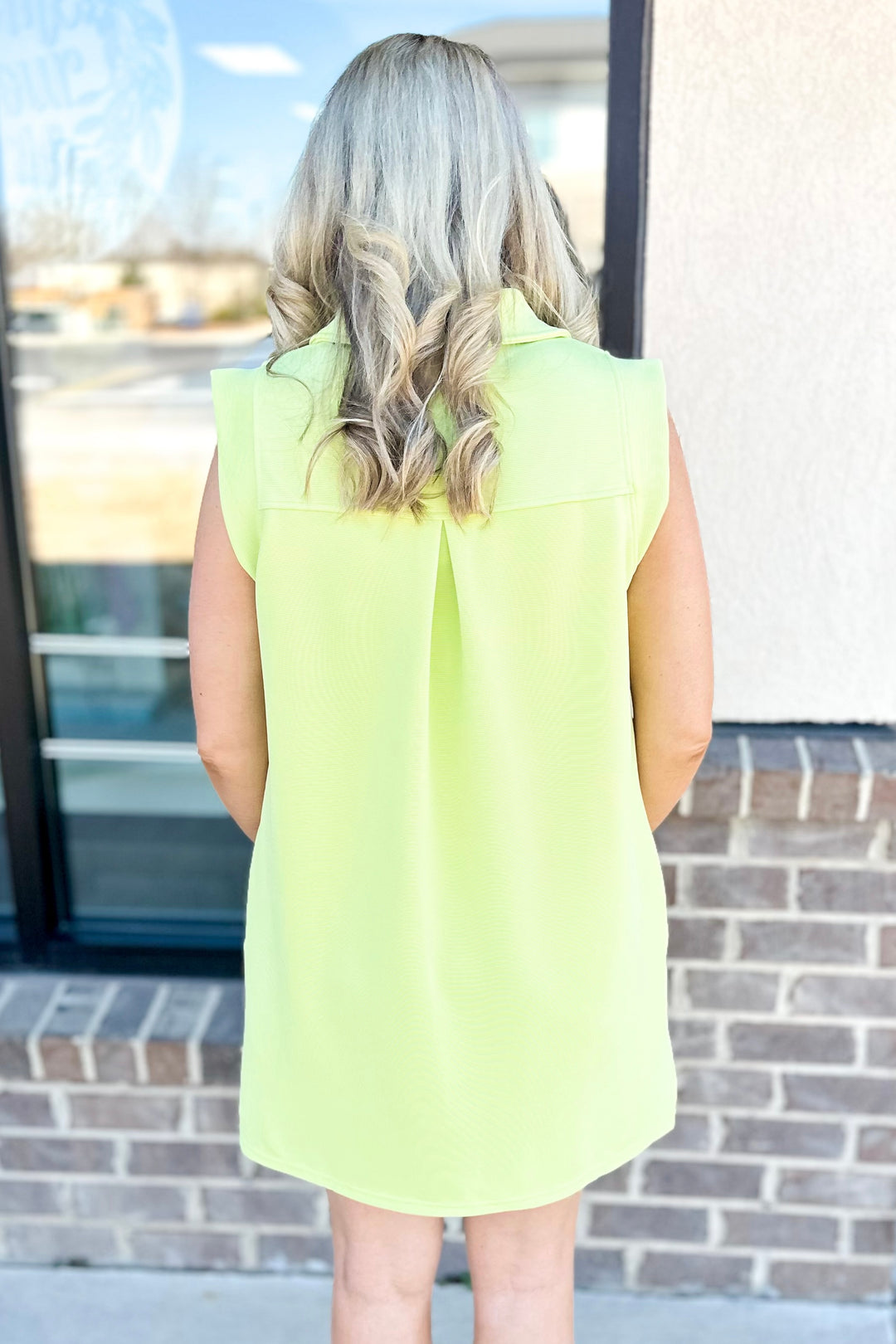 LIME RIBBED SLEEVELESS COLLAR DRESS