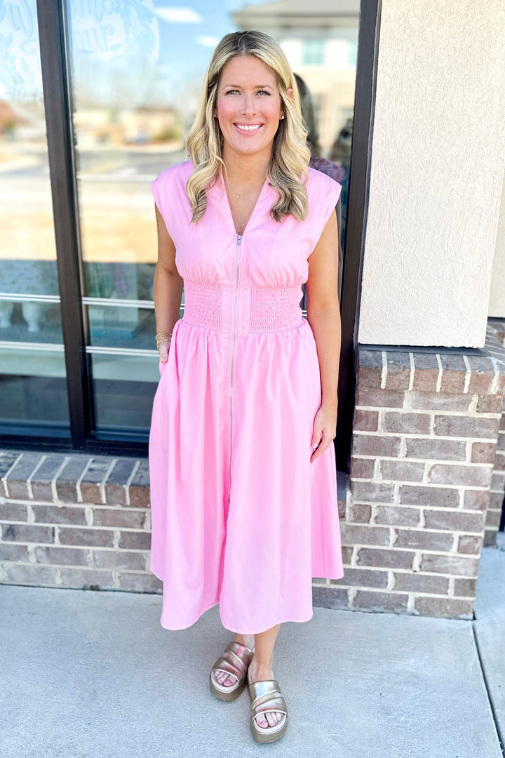 PINK SMOCKED WAIST ZIP MIDI DRESS