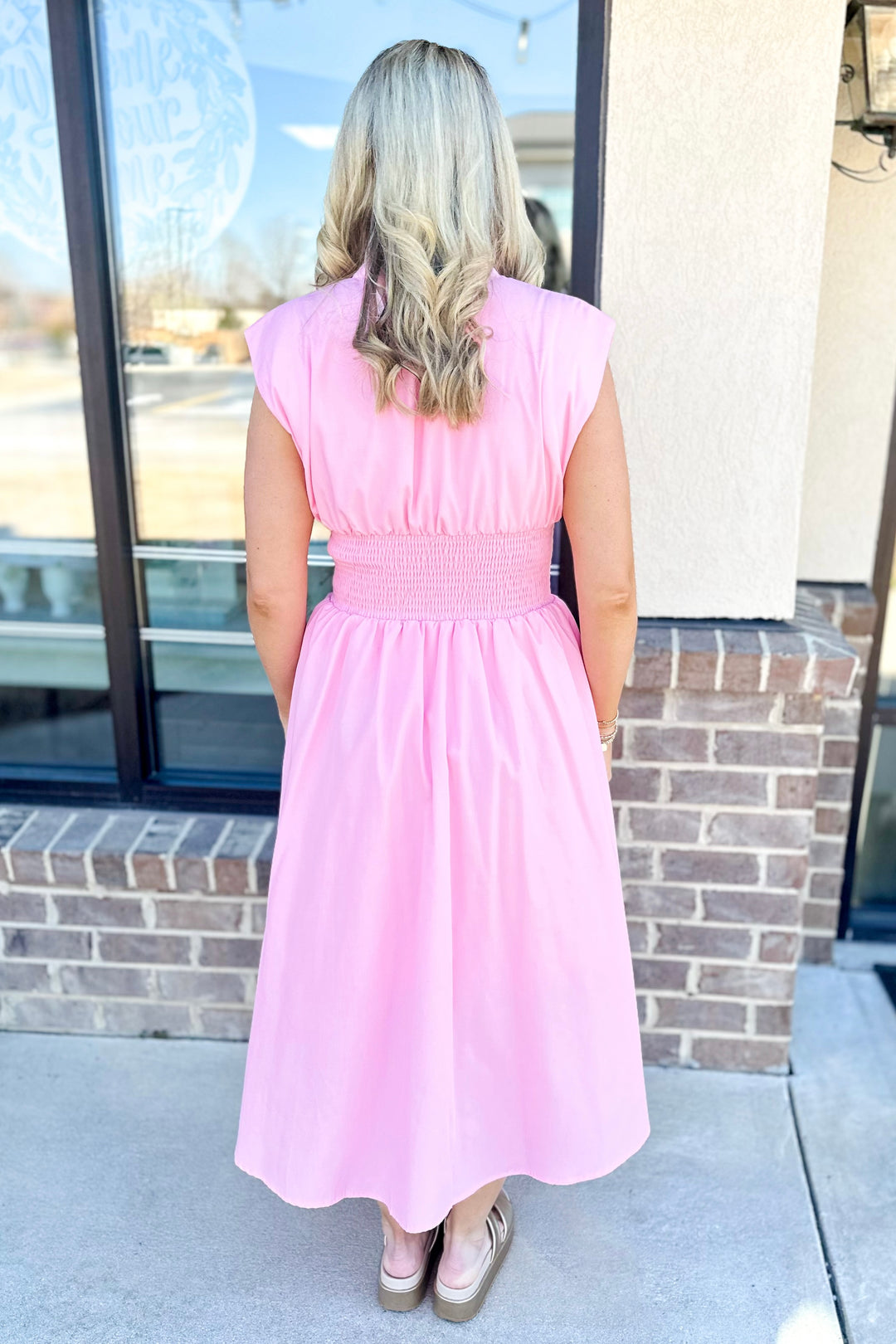 PINK SMOCKED WAIST ZIP MIDI DRESS