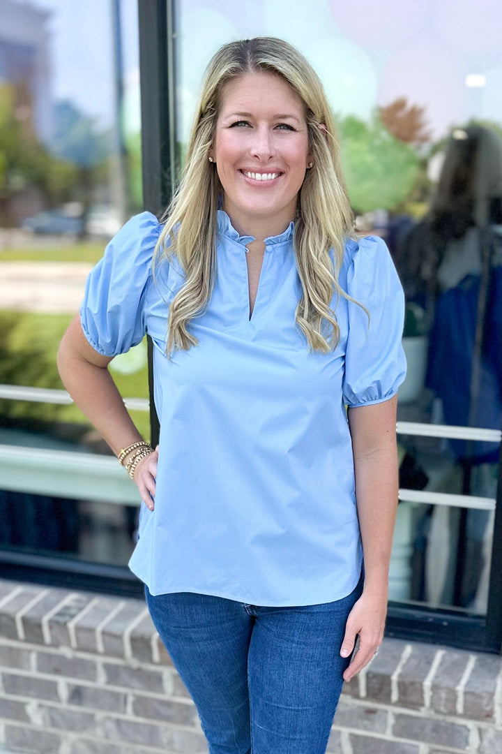 BLUE POPLIN RUFFLE NECK TOP