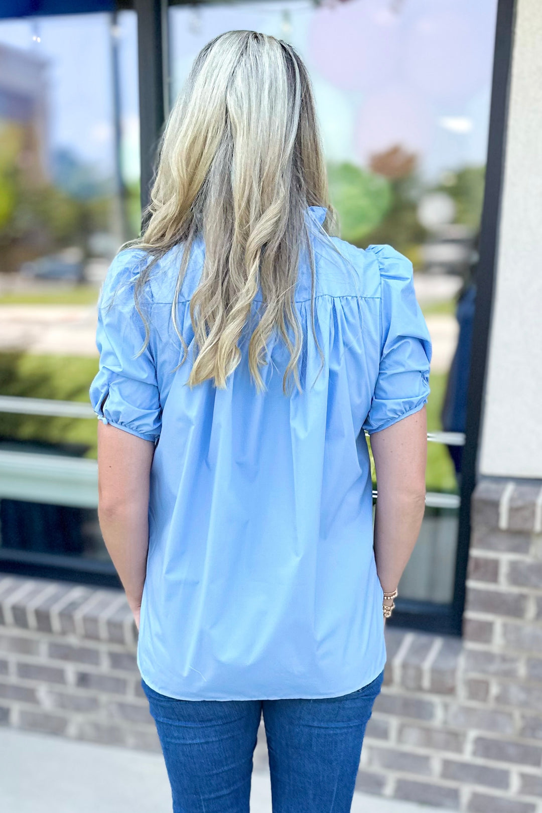 BLUE POPLIN RUFFLE NECK TOP