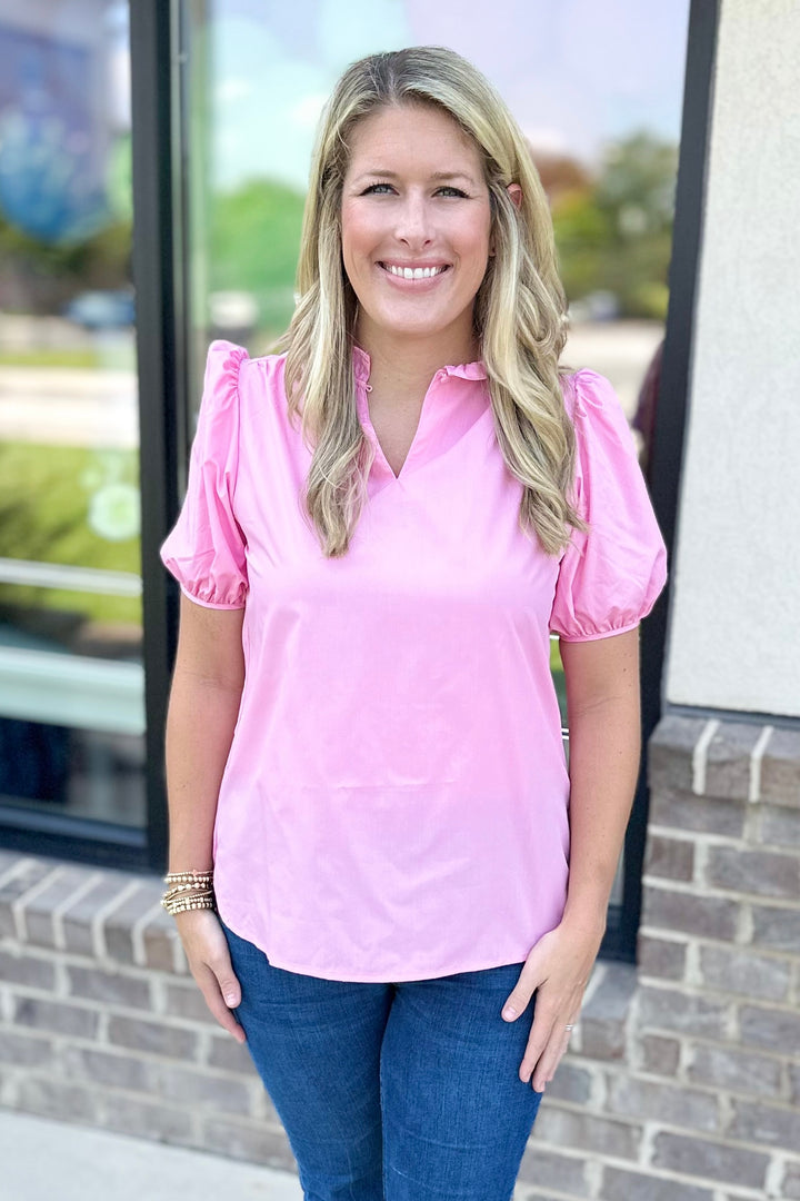 PINK POPLIN RUFFLE NECK TOP