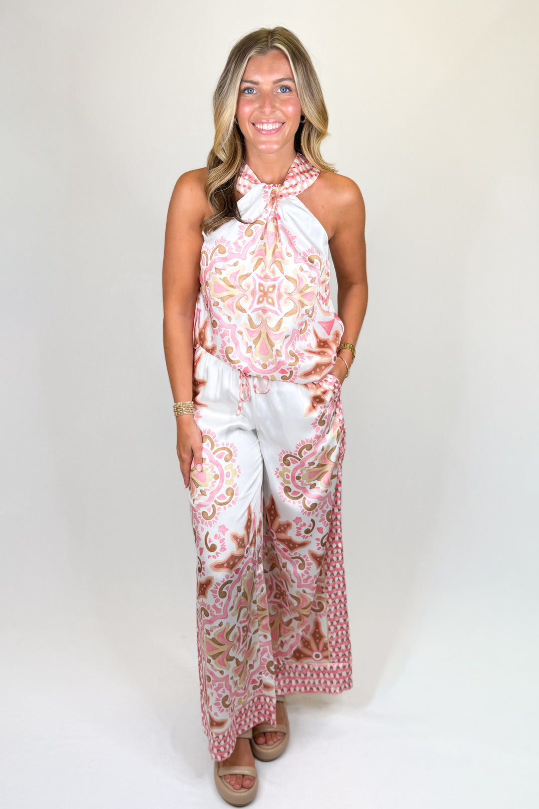 Pink and white printed halter top and wide leg pants set matching outfit