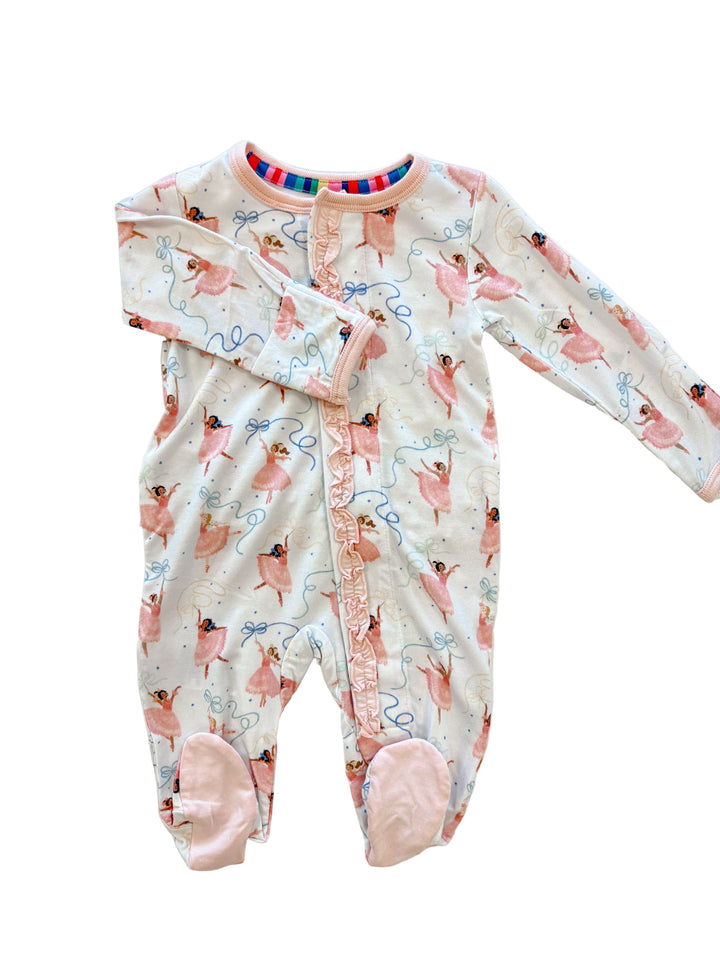 Ballerina Ruffle Front Footie – Soft Baby Girl Footed Pajamas with Pink Ballerina Print | Walker Boutique