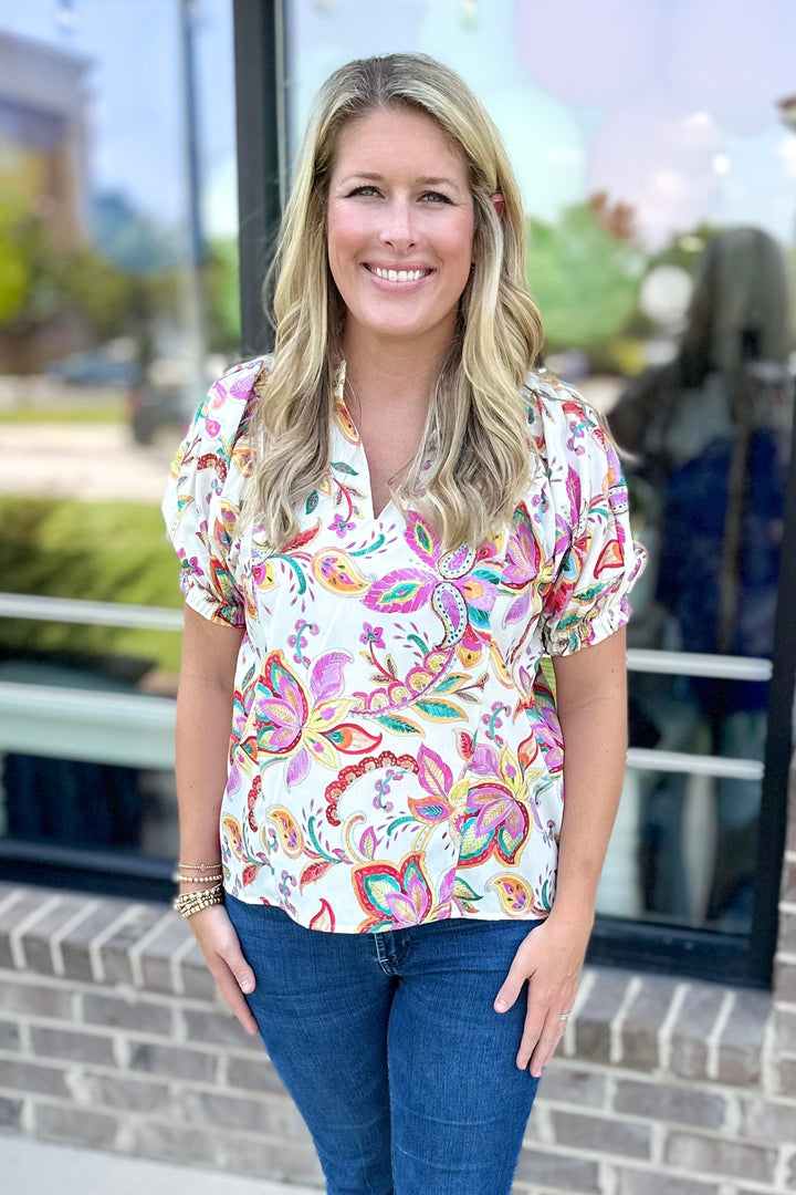 CREAM MULTI FLORAL PAISLEY PRINT TOP