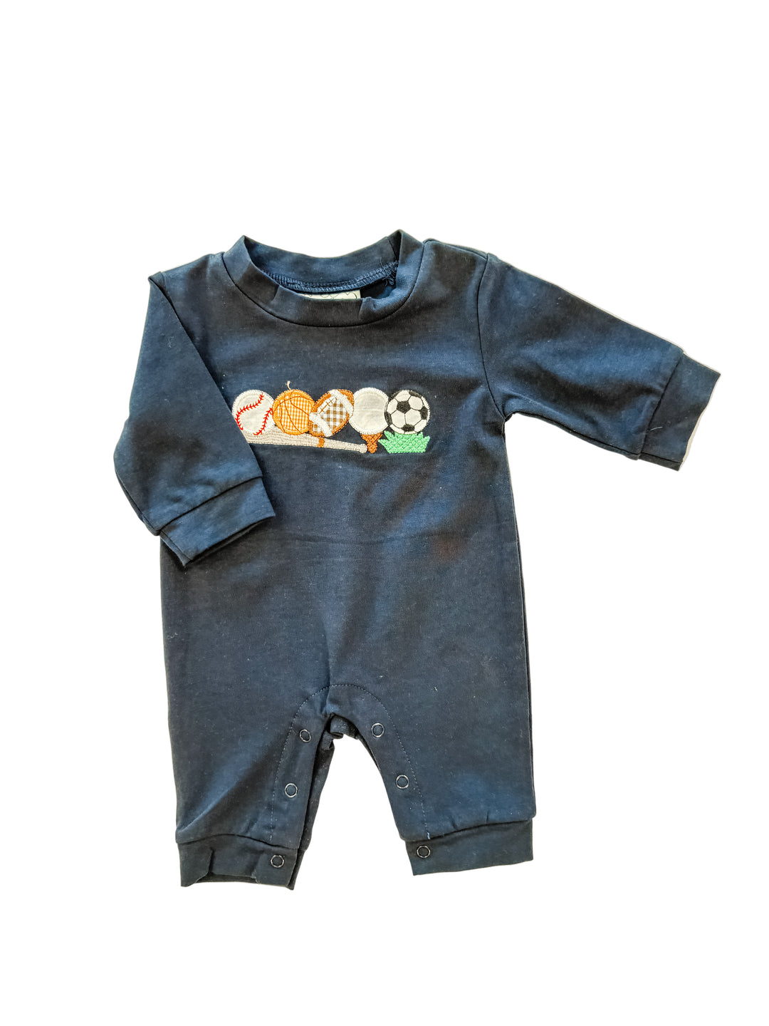 Navy Sports Applique Romper – Baby Boy Long Sleeve Romper with Sports Ball Design | Walker Boutique