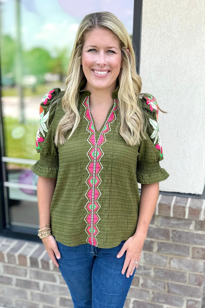 OLIVE TEXTURED EMBROIDERED TRIM TOP