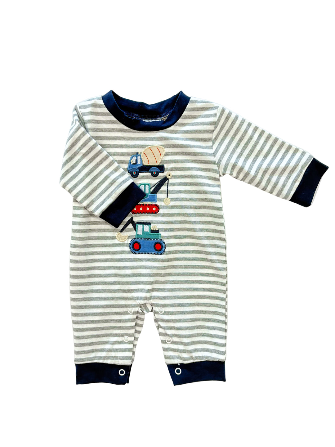 Construction Stack Appliqué Striped Romper – Baby Boy Romper with Construction Vehicle Design | Walker Boutique