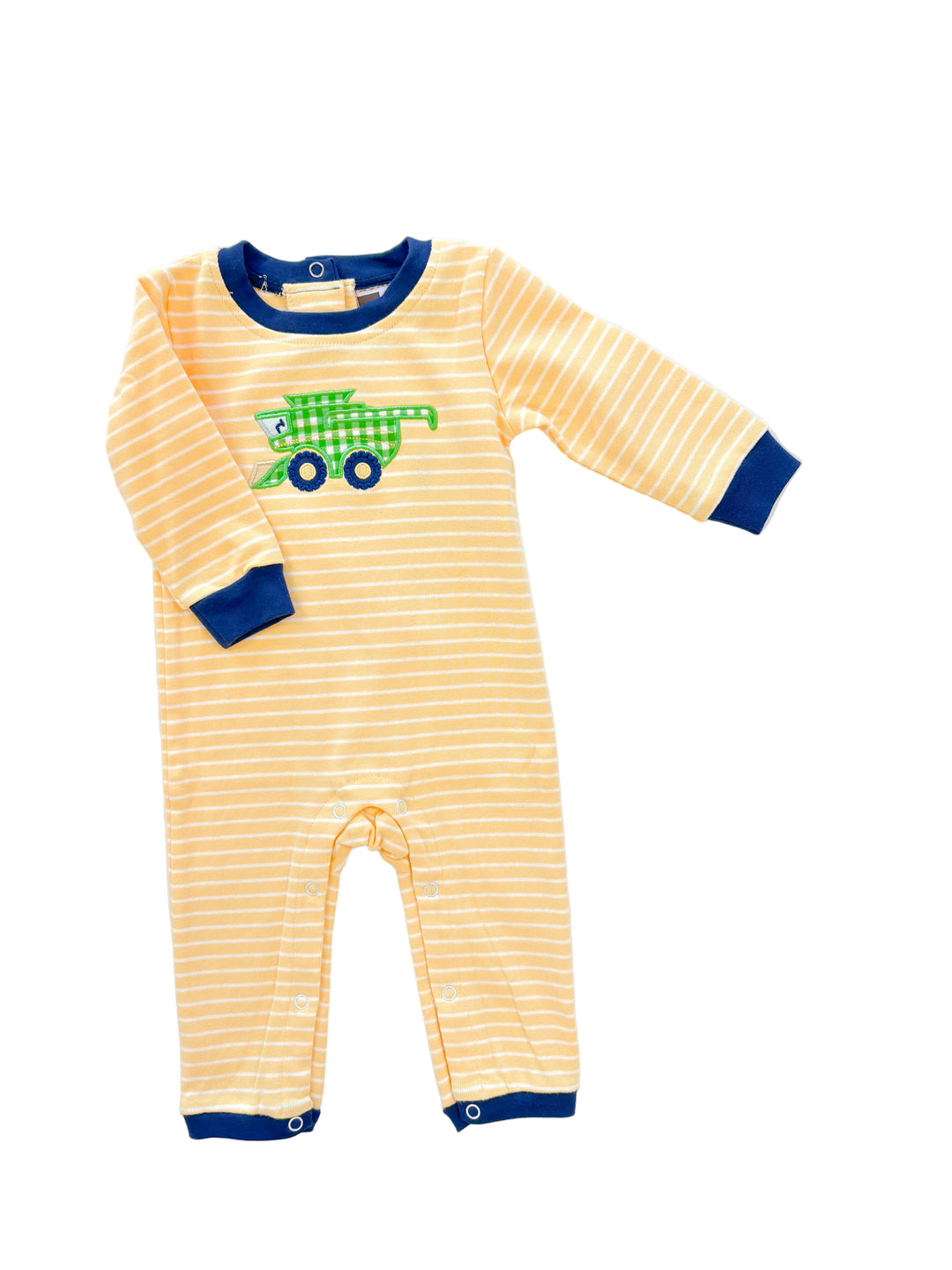 Yellow Combine Applique Striped Romper – Baby Boy Farm-Themed Romper with Green Gingham Combine | Walker Boutique