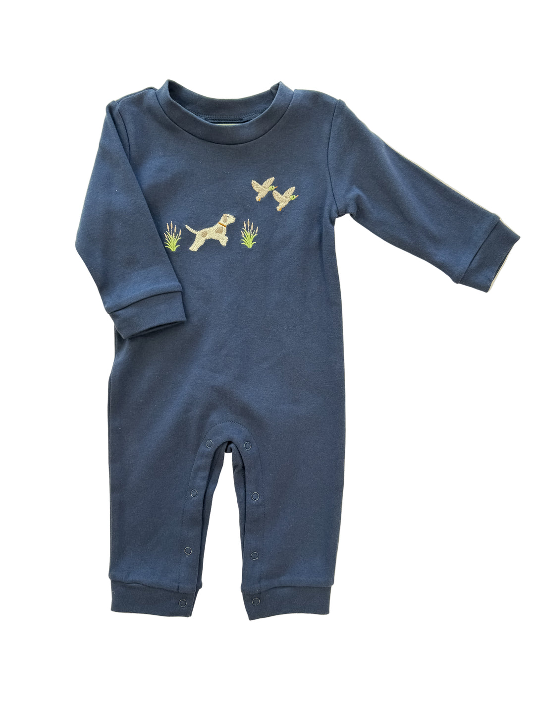 Navy Hunting Dog Appliqué Romper – Baby Boy Long Sleeve Romper with Dog and Duck Embroidery | Walker Boutique