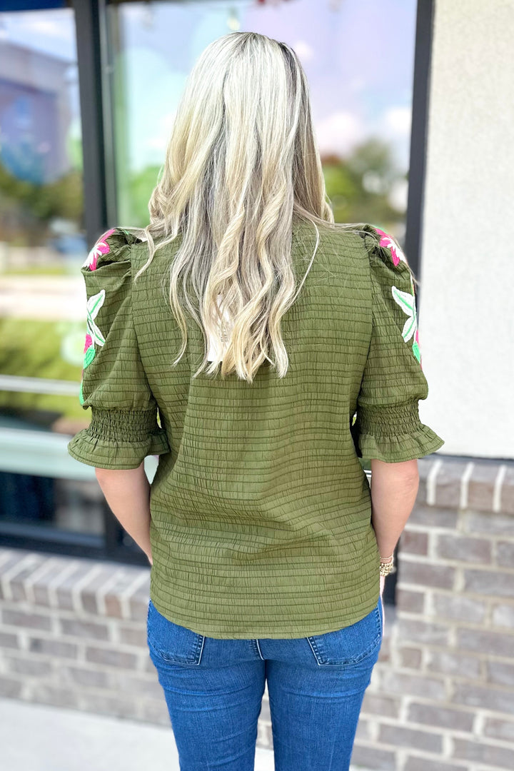 OLIVE TEXTURED EMBROIDERED TRIM TOP