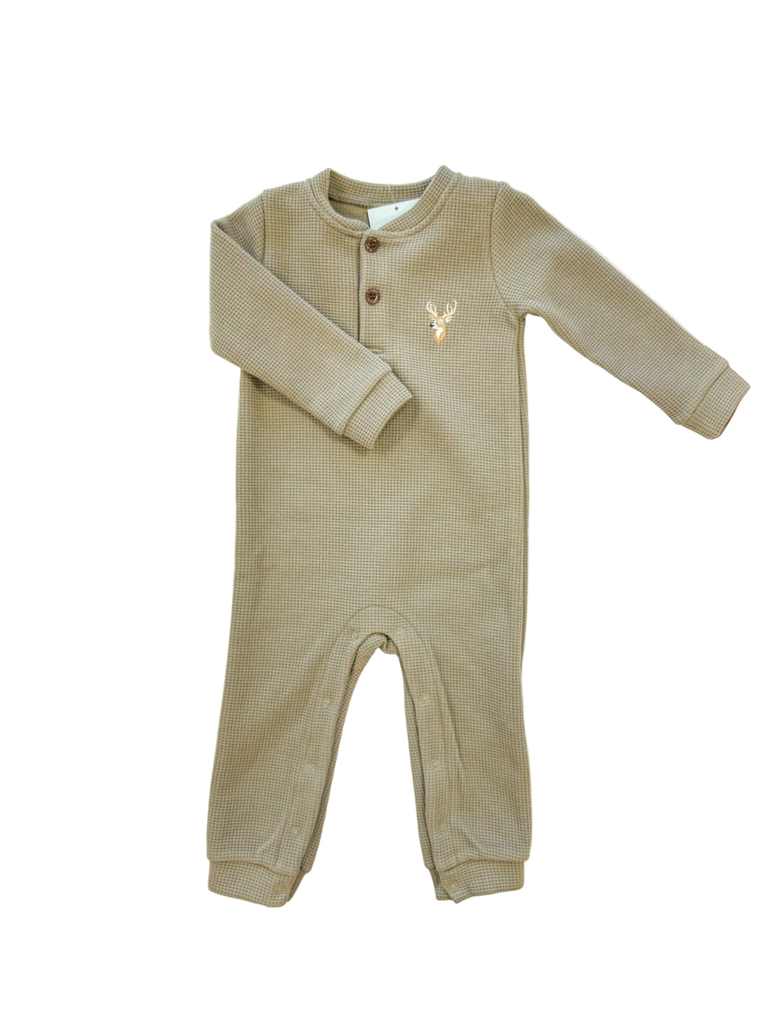 Waffle Knit Deer Romper – Baby Boy Henley Romper with Embroidered Deer | Walker Boutique