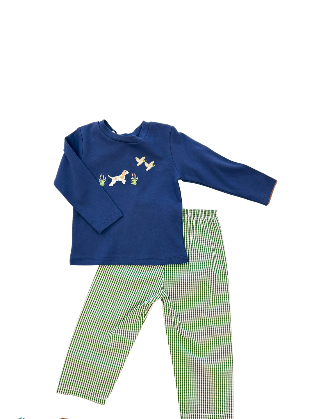 Navy Hunting Dog Top and Green Gingham Pant Set – Baby Boy Outfit with Dog and Duck Appliqué | Walker Boutique