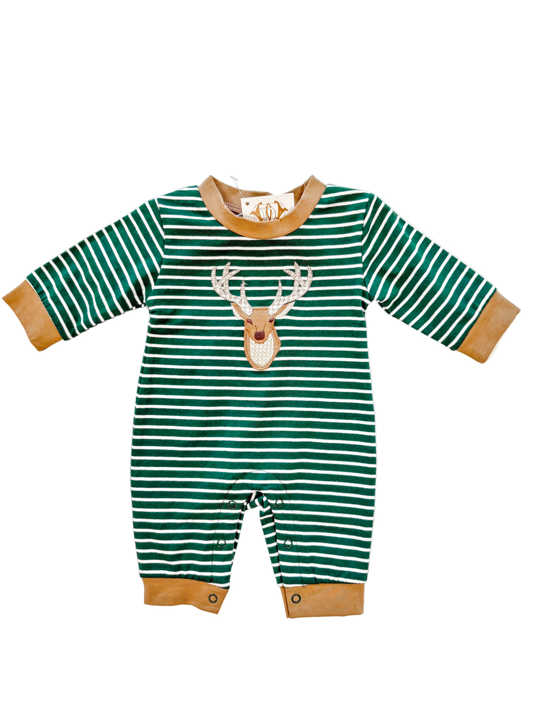 Green Striped Deer Appliqué Romper – Baby Boy Romper with Deer Design and Tan Trim | Walker Boutique