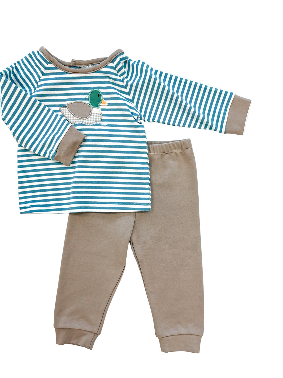 Mallard Duck Stripe Two-Piece Set – Baby Boy Outfit with Mallard Appliqué Top and Taupe Pants | Walker Boutique