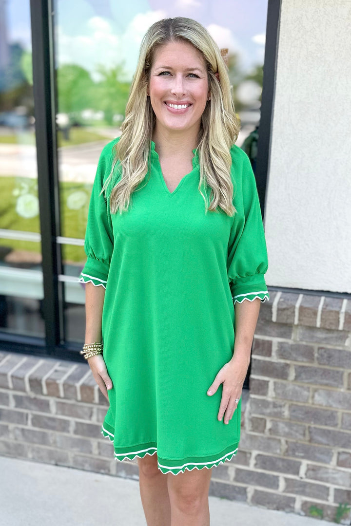 GREEN 3/4 SLEEVE STRIPE DETAIL DRESS