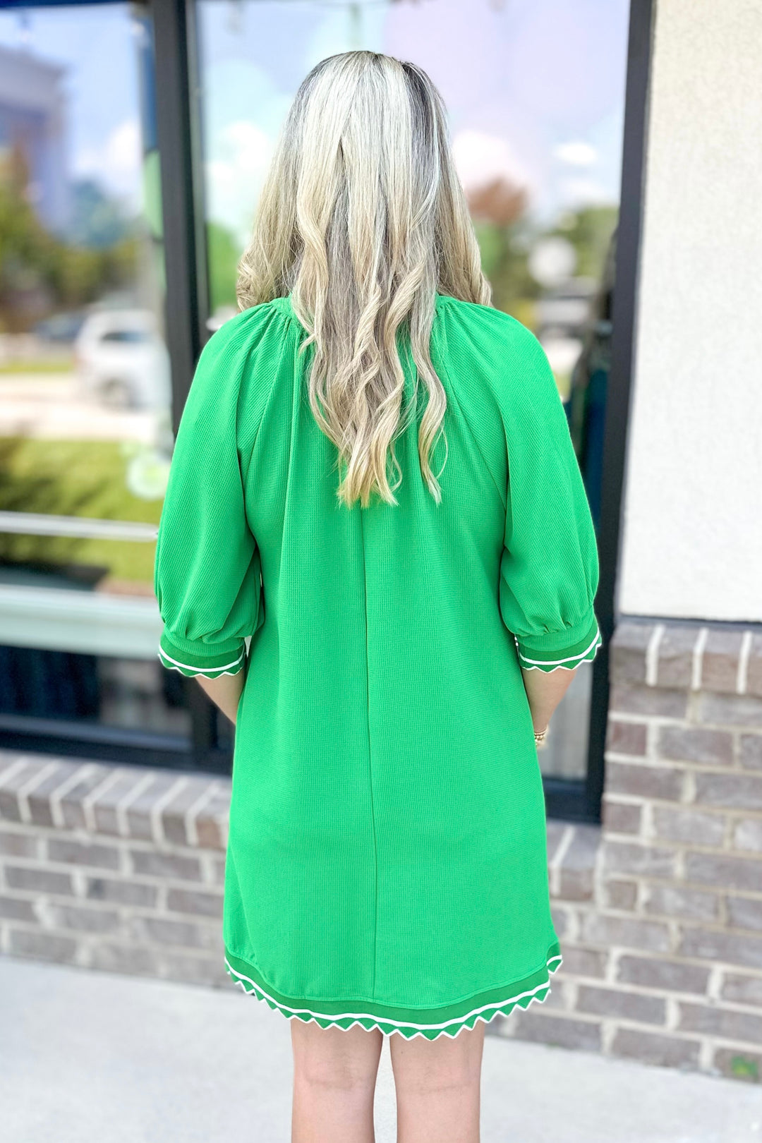 GREEN 3/4 SLEEVE STRIPE DETAIL DRESS