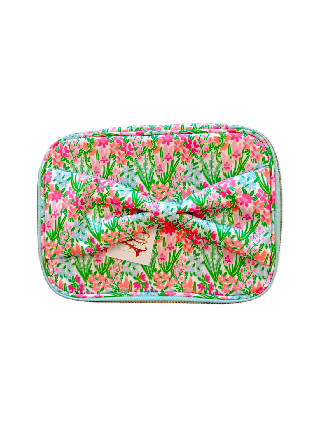 Front view of floral cosmetic bag featuring pink and green flower print and oversized matching bow.