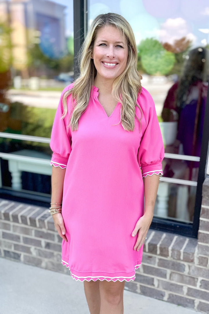 PINK 3/4 SLEEVE STRIPE DETAIL DRESS