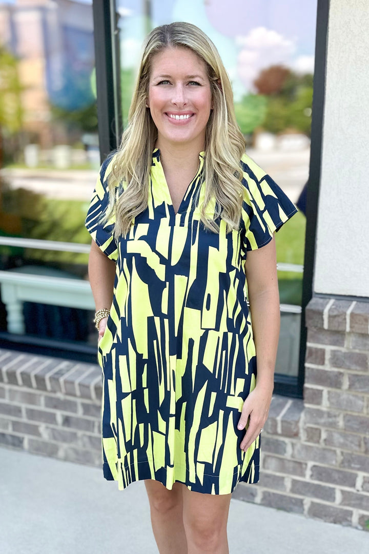 NAVY & YELLOW GEO PRINT ANGLED SLEEVE DRESS