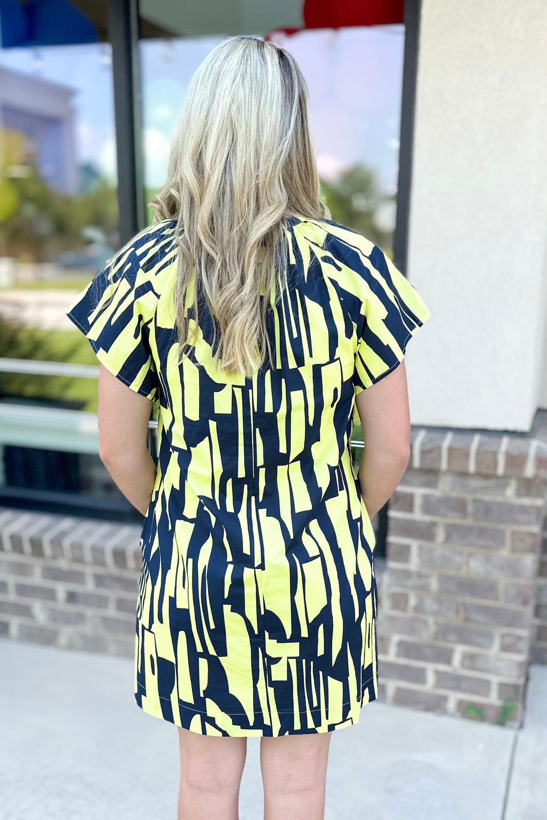 NAVY & YELLOW GEO PRINT ANGLED SLEEVE DRESS