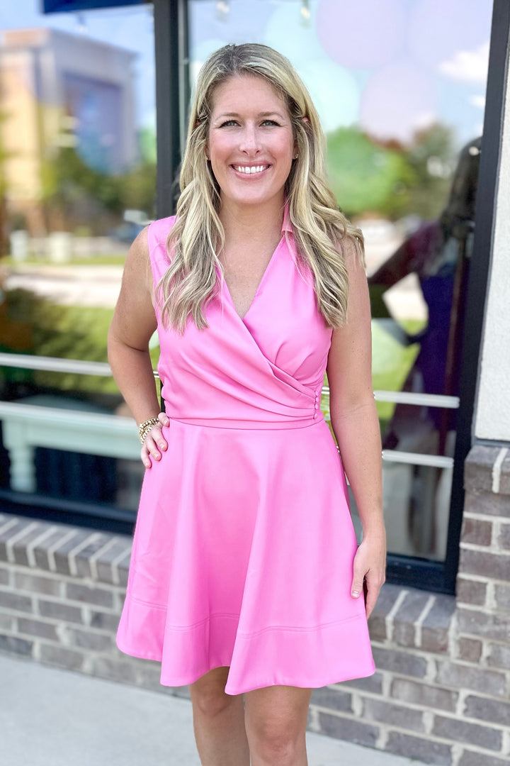 PINK FAUX LEATHER WRAP DRESS