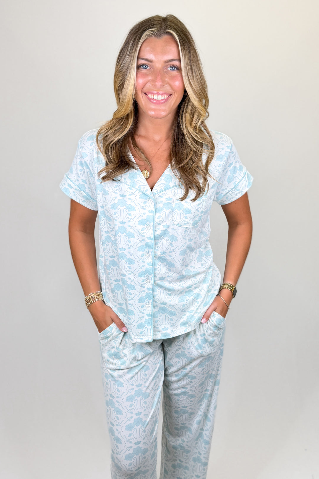 Light blue floral pajama set with button front top and matching pants lounge set