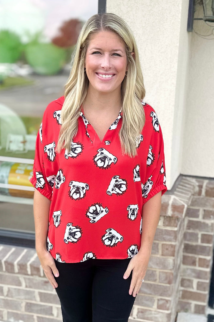 RED BULLDOG PRINT STANDING COLLAR TOP