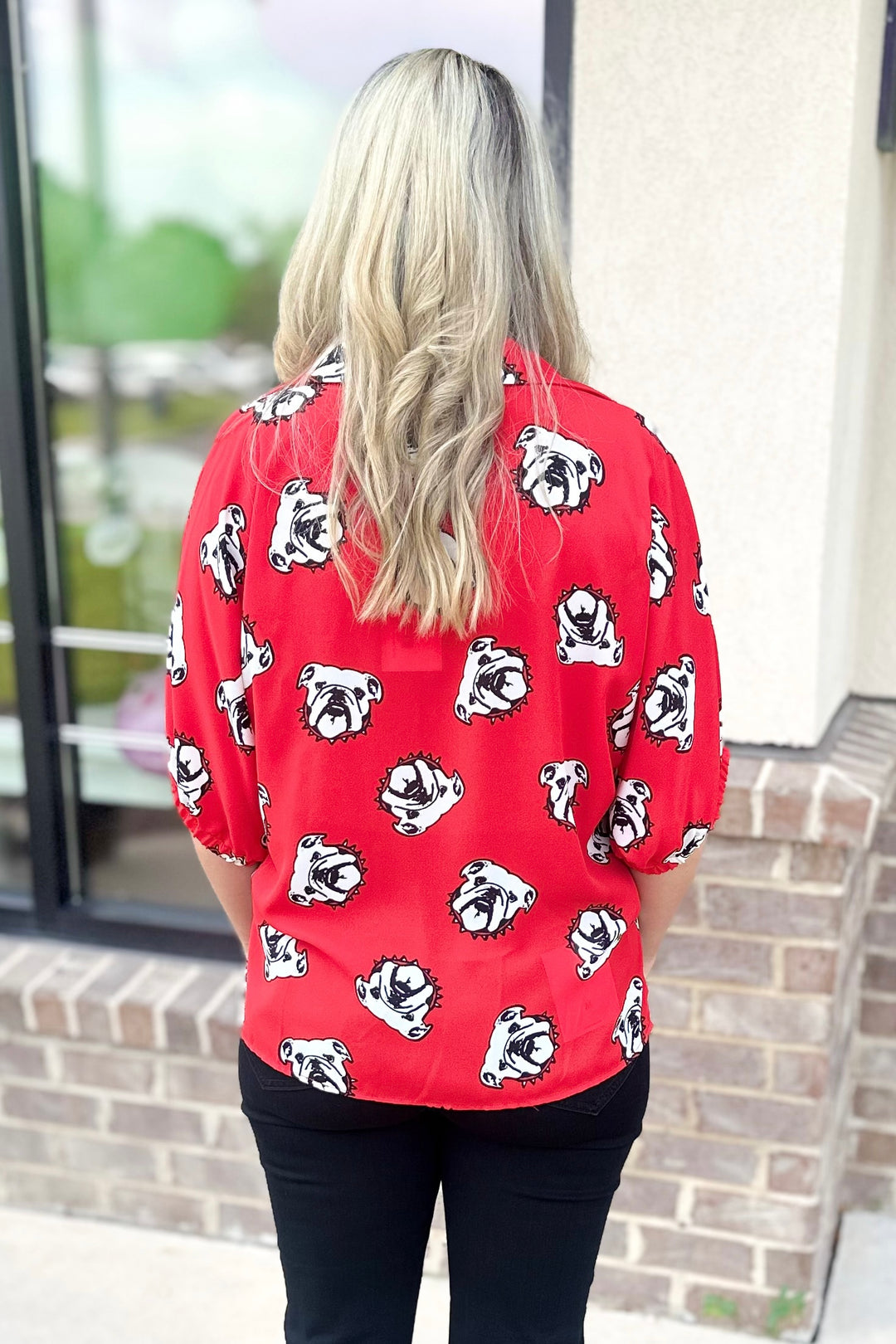 RED BULLDOG PRINT STANDING COLLAR TOP