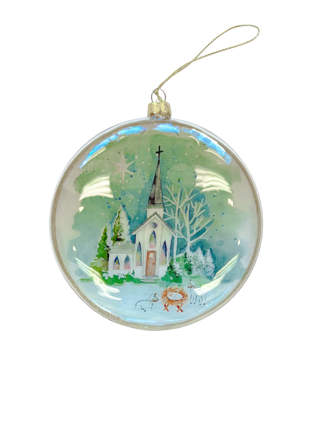 Round Christmas ornament featuring watercolor church and nativity scene.