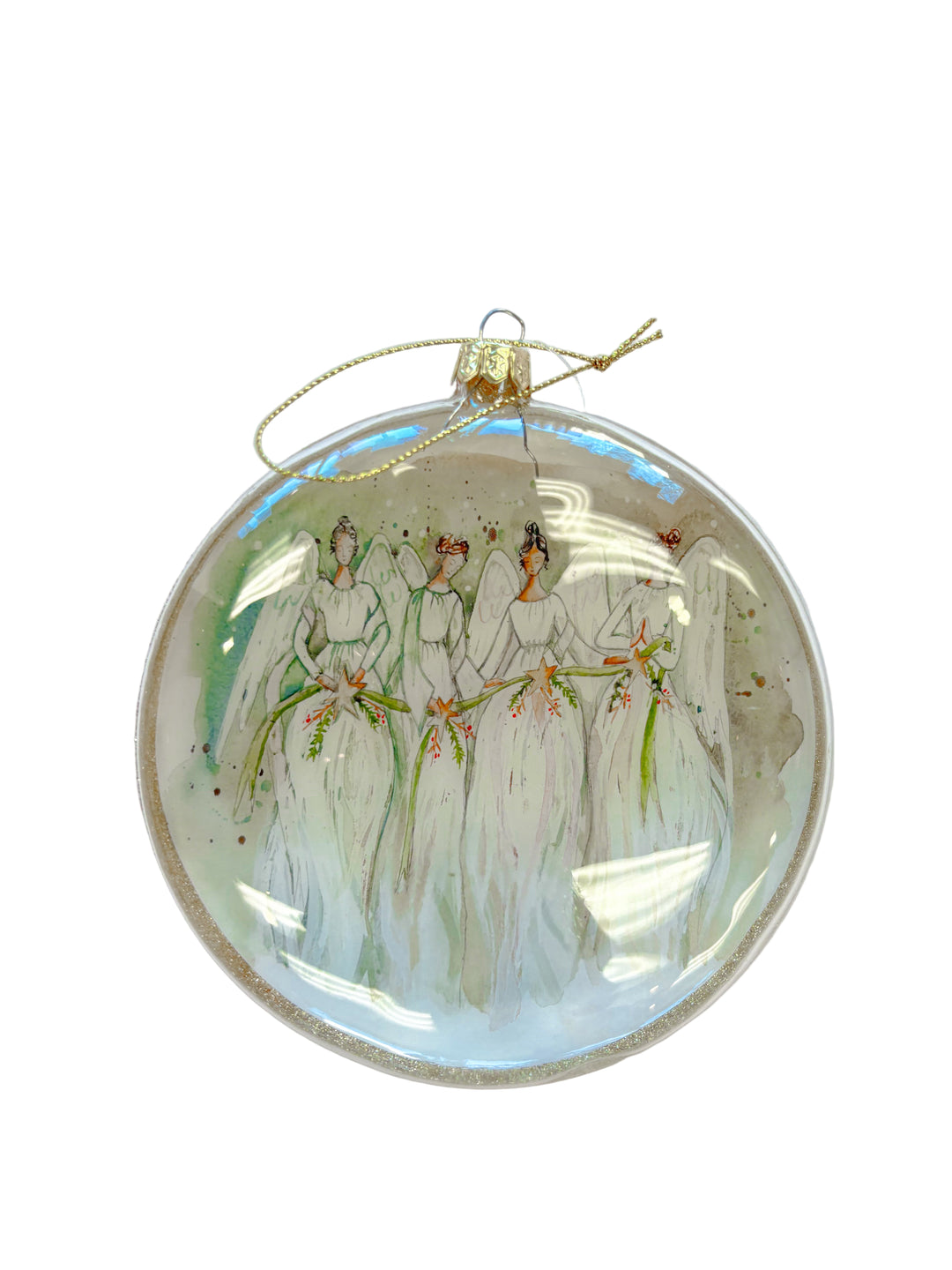Round Christmas ornament featuring watercolor angels in flowing white gowns.