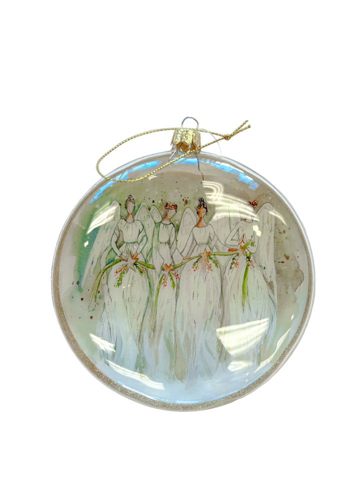 Round Christmas ornament featuring watercolor angels in flowing white gowns.