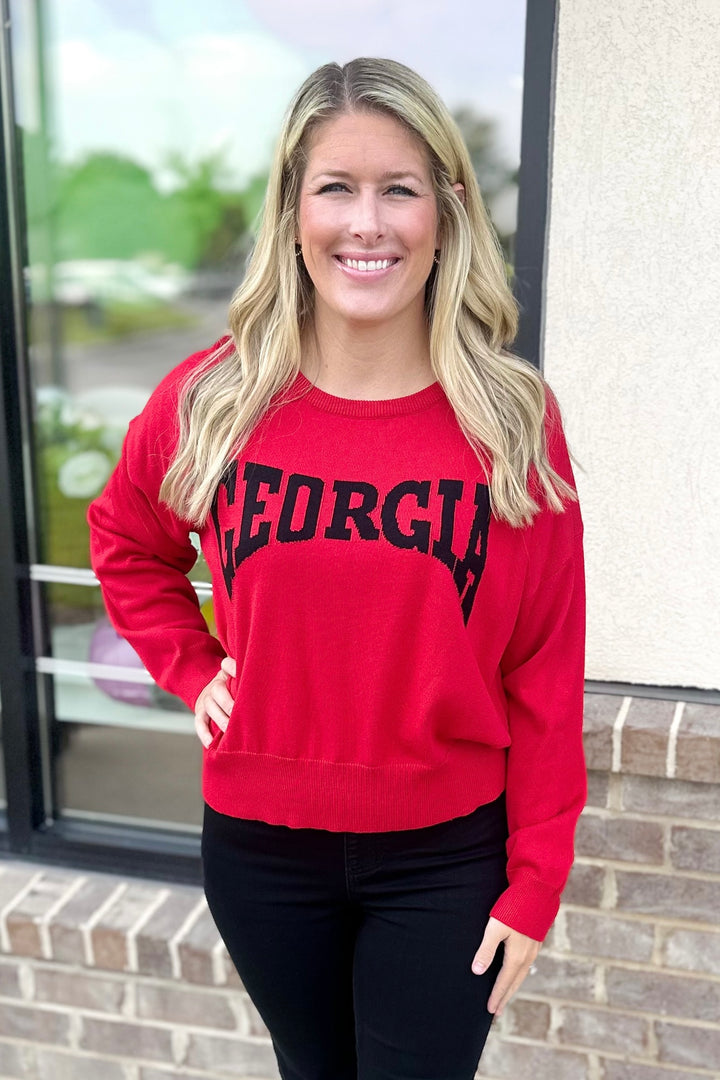 RED GEORGIA SCRIPT SWEATER