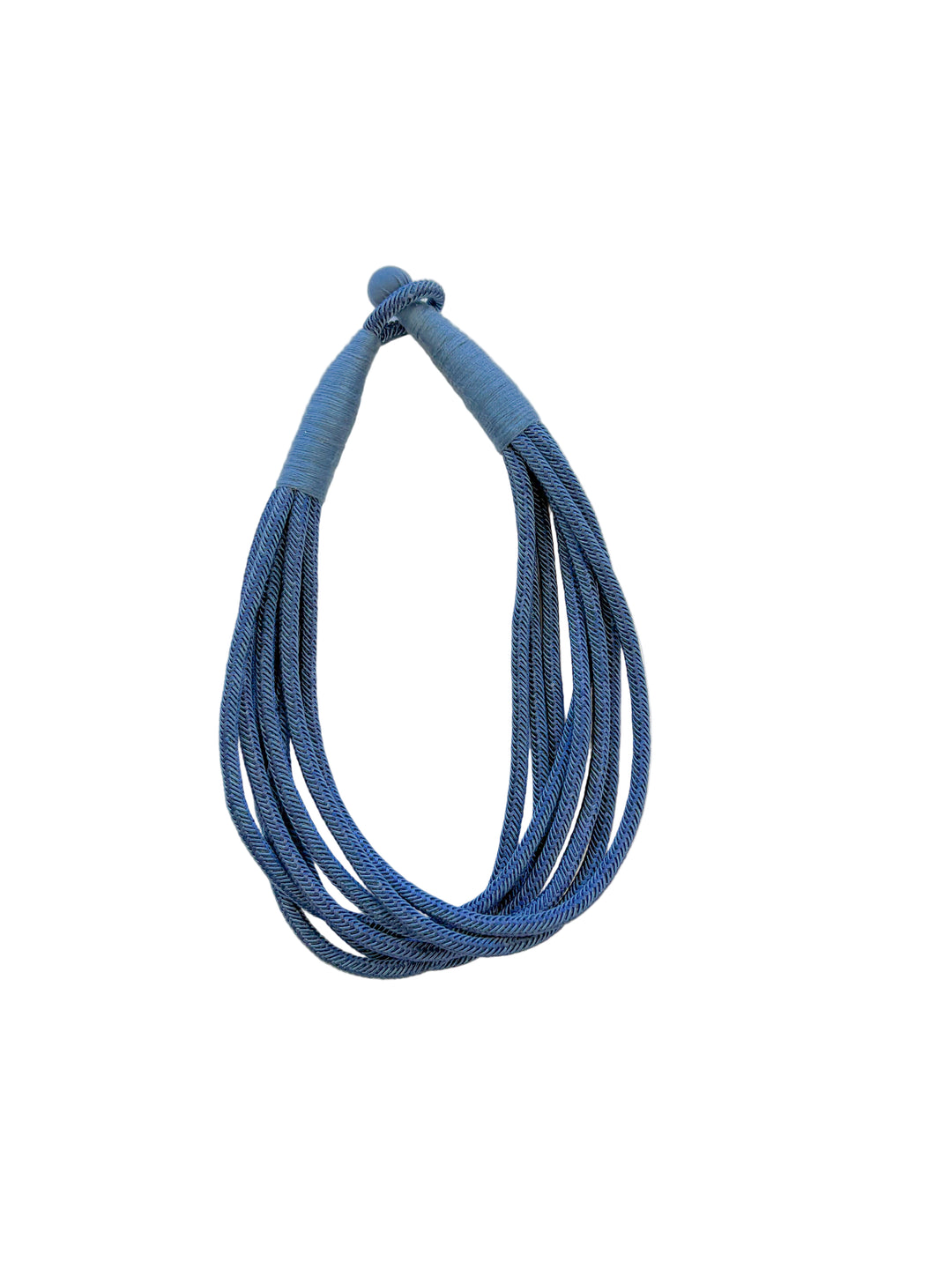 Navy multi-strand twisted rope necklace with wrapped closure.