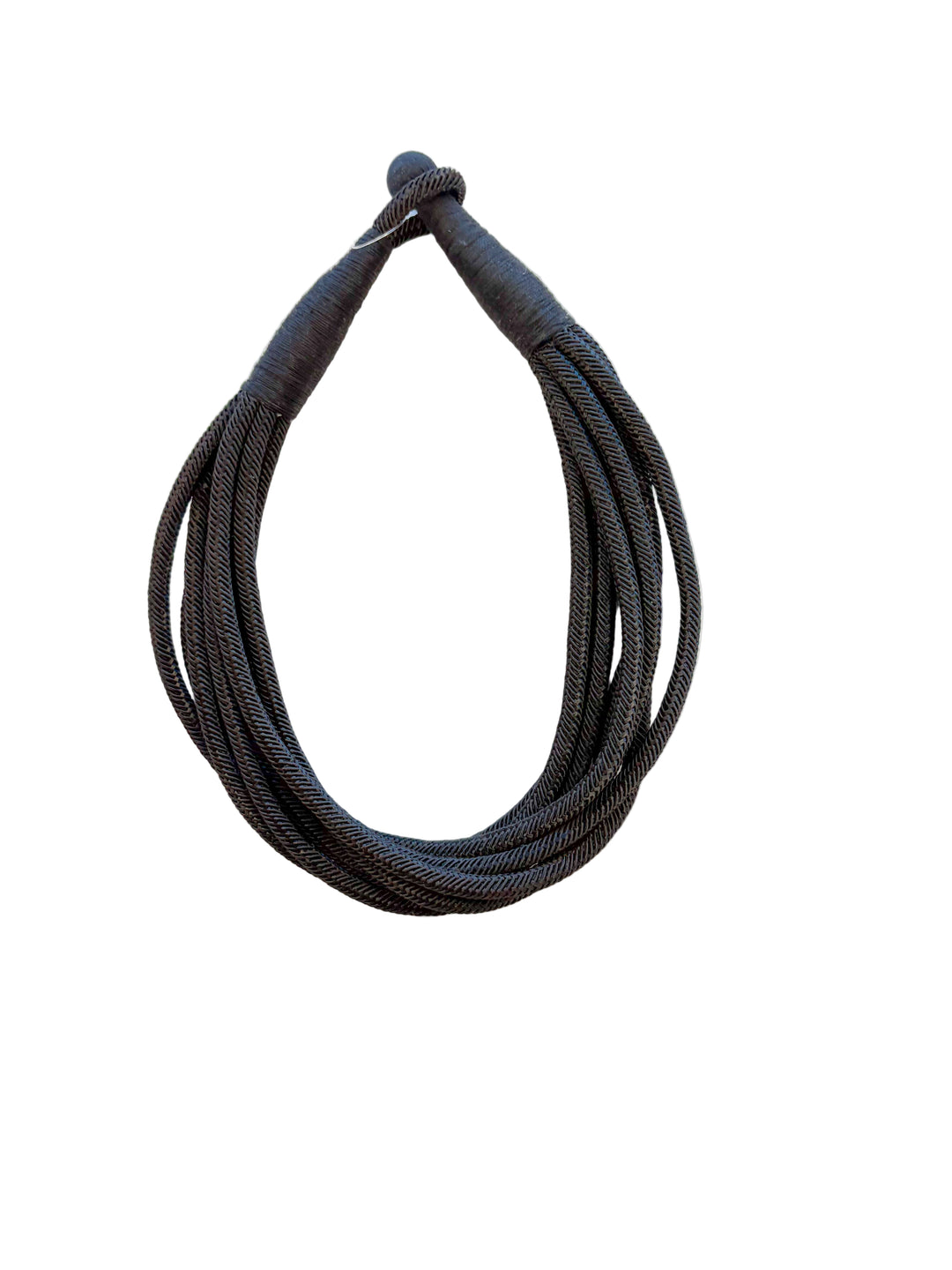 Black multi-strand twisted rope necklace with wrapped closure.