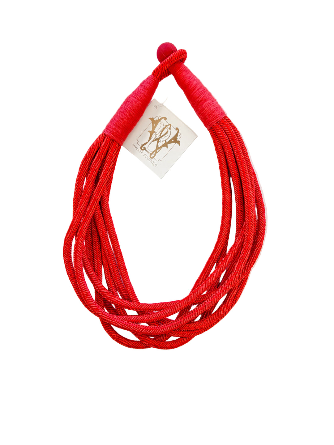 Red multi-strand twisted rope necklace with wrapped closure.