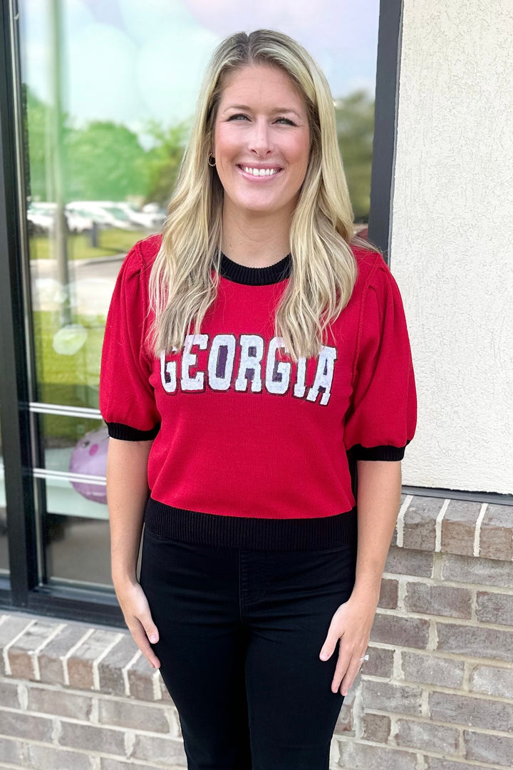 RED GEORGIA SEQUIN SHORT SLEEVE SWEATER