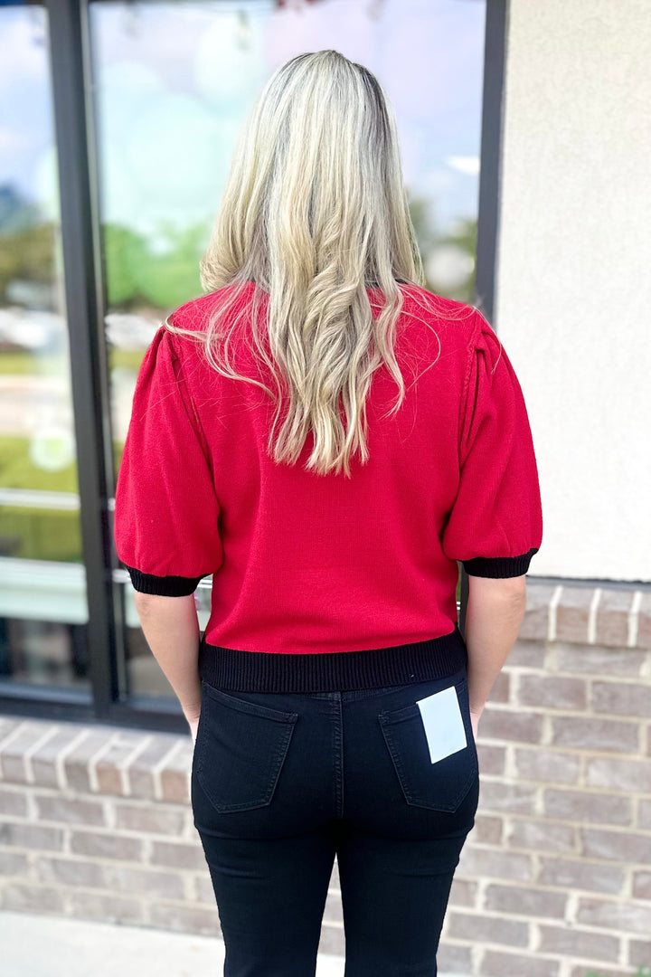 RED GEORGIA SEQUIN SHORT SLEEVE SWEATER