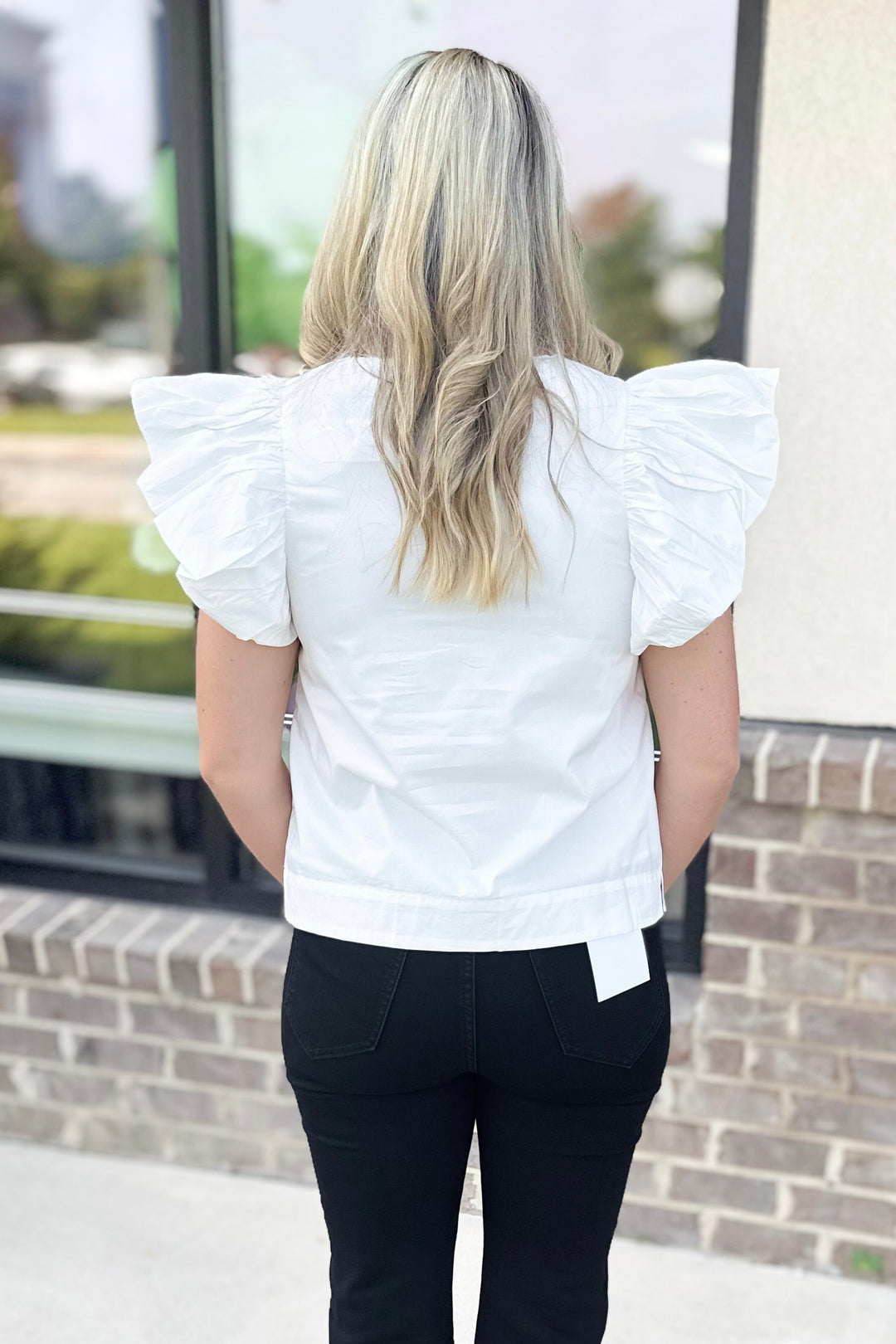 WHITE RUFFLE SHOULDER POPLIN TOP