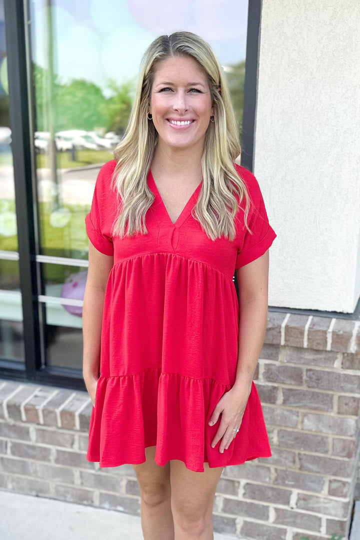 RED DROP SHOULDER VNECK DRESS