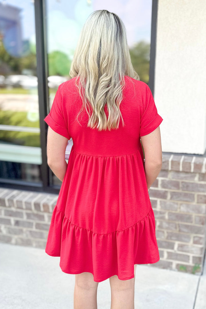 RED DROP SHOULDER VNECK DRESS