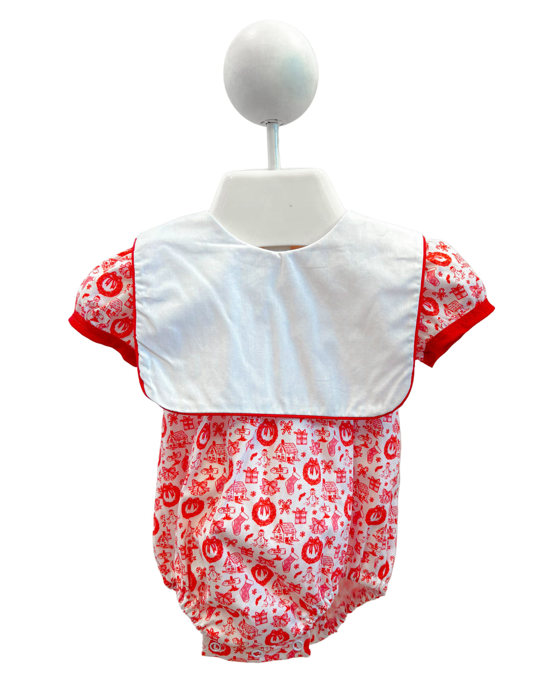 Red Holiday Toile Baby Bubble Romper with White Bib Collar | Walker Boutique