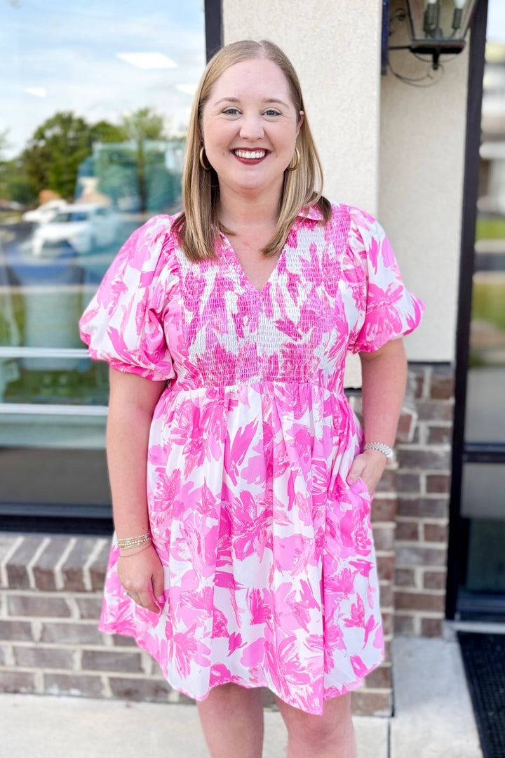 PINK FLORAL SMOCKED COLLAR PUFF SLEEVE DRESS