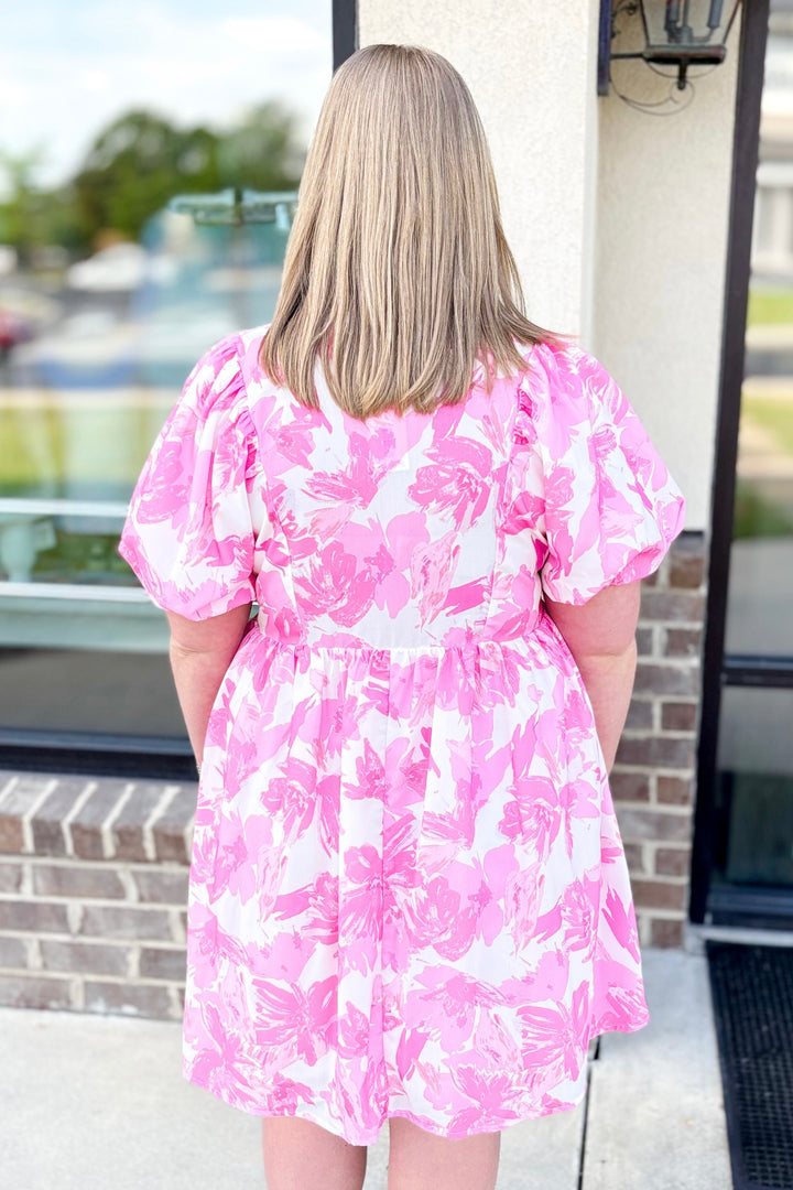 PINK FLORAL SMOCKED COLLAR PUFF SLEEVE DRESS