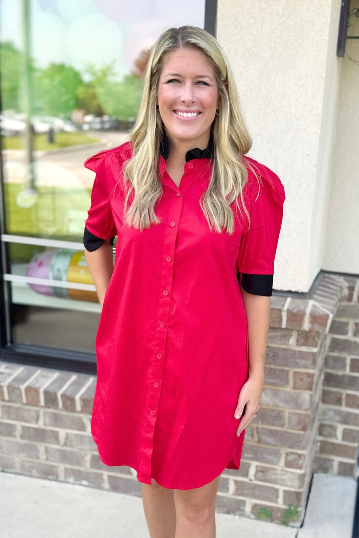 RED & BLACK RUFFLE COLLAR SHIRT DRESS